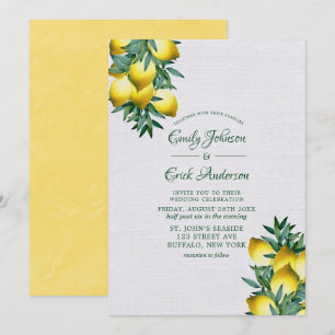 Gult Lemons Greenery Vine Watercolor Bröllop in Inbjudningar