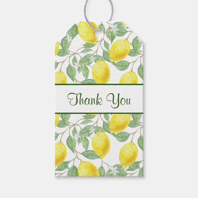 Gult Lemons med Grönt Löv Mönster Tack Presentetikett (Framsidan)