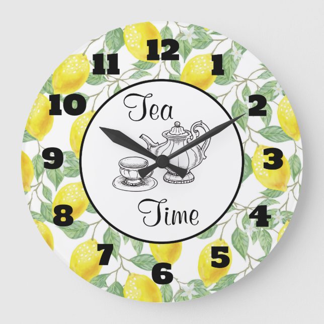 Gult Lemons med Grönt Lövs Mönster Tea Time Stor Klocka (Framsida)