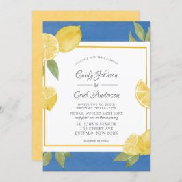 Gult Lemons och Blue Watercolor Bröllop Inbjudningar