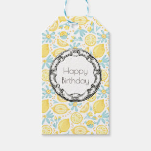Gult Lemons & Pastel Blåa blommor Grattis på fö Presentetikett