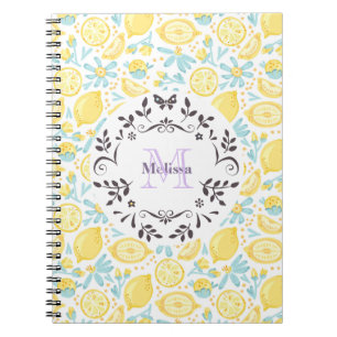 Gult Lemons & Pastel Blåa blommor Monogram Namn Anteckningsbok