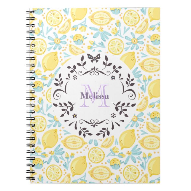 Gult Lemons & Pastel Blåa blommor Monogram Namn Anteckningsbok (Framsidan)