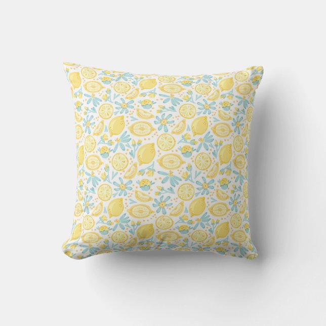 Gult Lemons & Pastel Blåa blommor Mönster Kudde (Framsida)