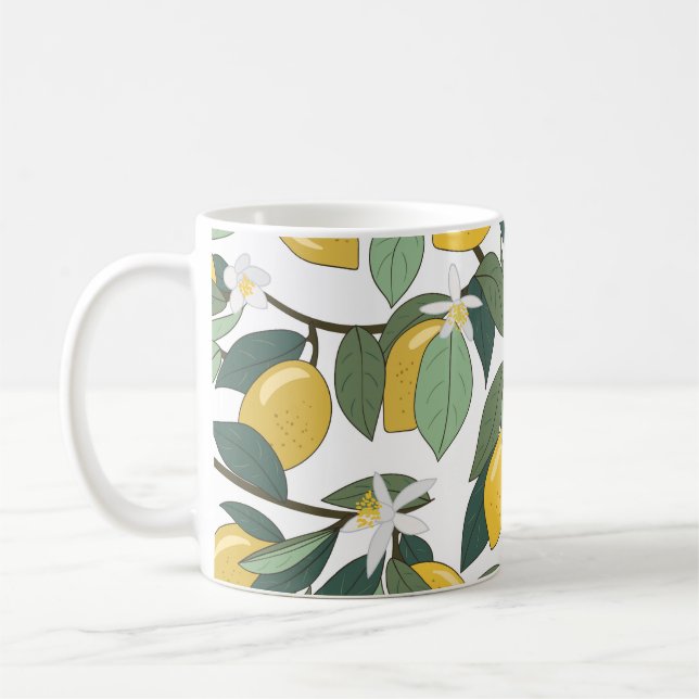 Gult Lemons, Tropical Seamless Print. Kaffemugg (Vänster)