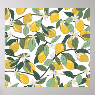 Gult Lemons, Tropical Seamless Print. Poster