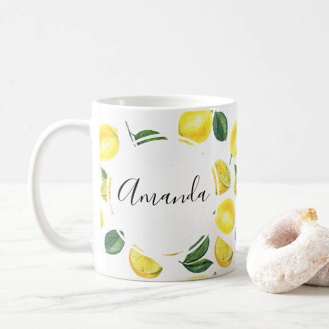 Gult Lemons Watercolor Fruit Mönster Kaffemugg (Med munk)