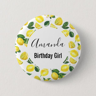 Gult Lemons Watercolor Mönster Birthday Girl Knapp