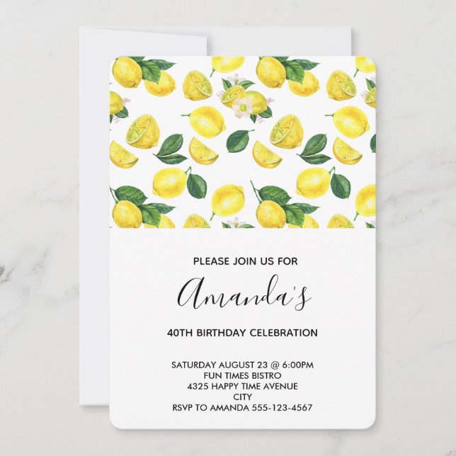 Gult Lemons Watercolor Mönster Birthday Inbjudningar (Framsida)