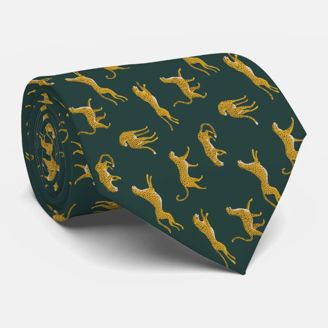 Gult leopard på Mörk grönt Vilden Mönster Slips (Rullad)