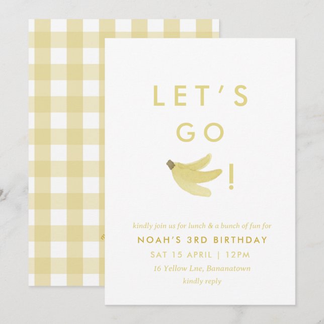 Gult Lets Go Bananas Birthday Banana Party Theme Inbjudningar (Fram/baksida)