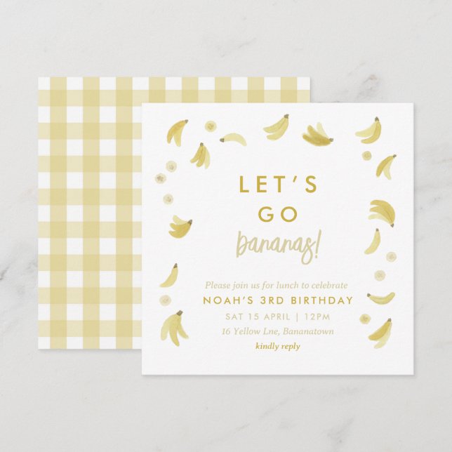 Gult Lets Go Bananas Birthday Banana Party Theme Inbjudningar (Fram/baksida)