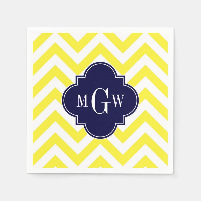 Gult Lg Chevron Navy Quatrefoil 3 Monogram Pappersservett (Framsidan)