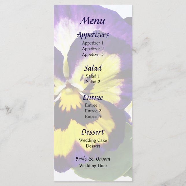 Gult Lila and White Pansies Bröllop Menu Meny (Framsida)