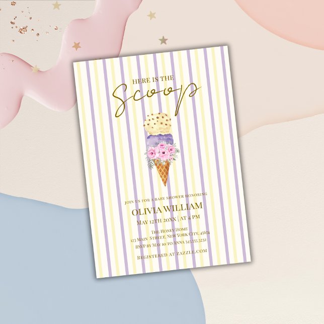 Gult Lila Blommigt Scoop Ice Cream Baby Shower Inbjudningar (Yellow Purple Floral Scoop Ice Cream Baby Shower Invitation)