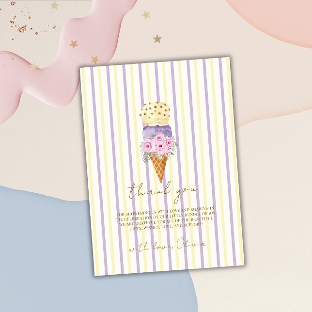 Gult Lila Blommigt Scoop Ice Cream Baby Shower Tack Kort (Yellow Purple Floral Scoop Ice Cream Baby Shower Thank You Card)