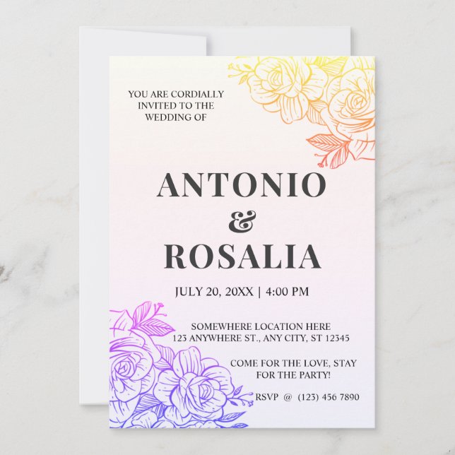 Gult & Lila blommor Vintage Illustration-bröllop Inbjudningar (Framsida)