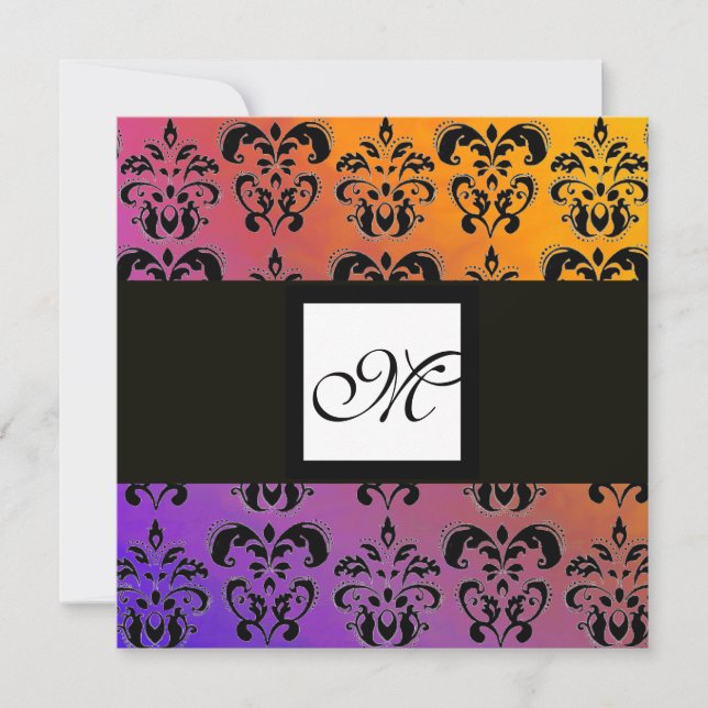 GULT LILA BLUE BLACK SQUARE DAMASK MONOGRAM INBJUDNINGAR (Framsida)