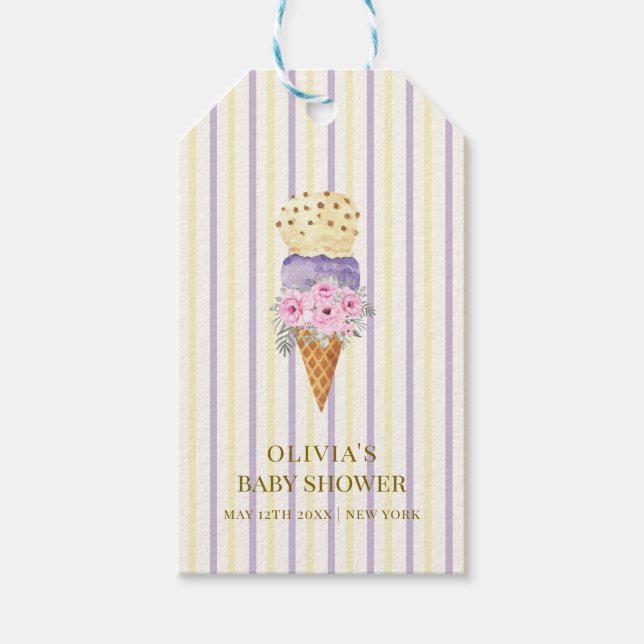 Gult Lila Flower Scoop Ice Cream Baby Shower Presentetikett (Framsidan)