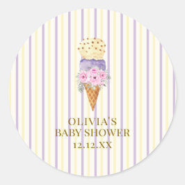 Gult Lila Flower Scoop Ice Cream Baby Shower Runt Klistermärke