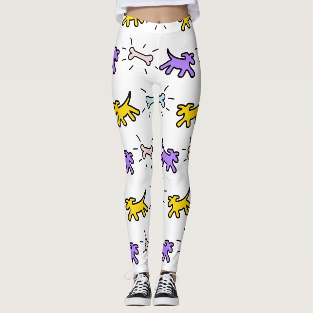 Gult Lila Hund Bone Graffiti Stil leggings 1 (Framsida)