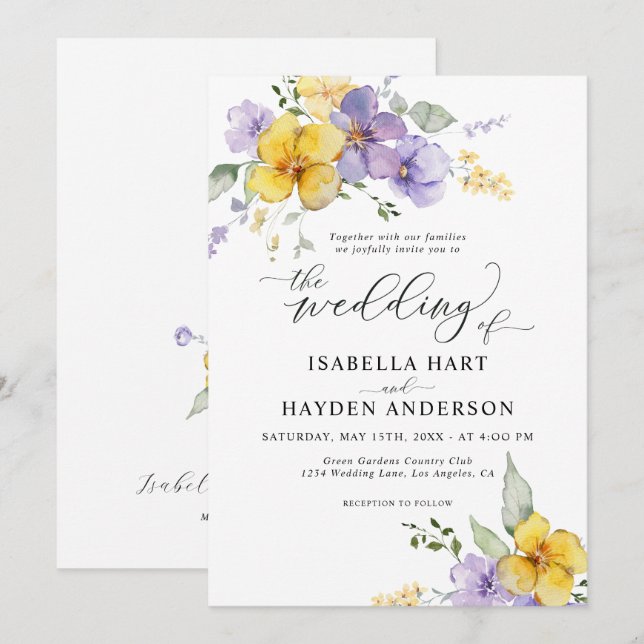 Gult Lila Lavender Boho Rustic Blommigt Bröllop Inbjudningar (Fram/baksida)