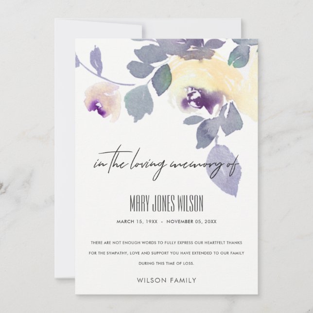 GULT LILA LILAC RO BLOMMIGT  SYMPATHY MEMORIAL TACK KORT (Framsida)