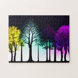 Gult Lila och blått på Black Silhouette Träd Pussel