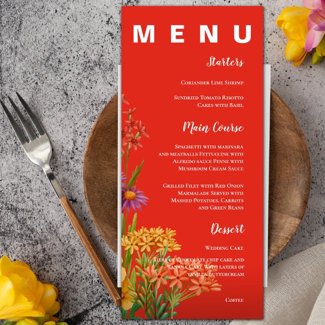 Gult Lila Orange Wildblommor Bröllopsfest Meny (Yellow Purple Orange Wildflowers Wedding Party Menu)