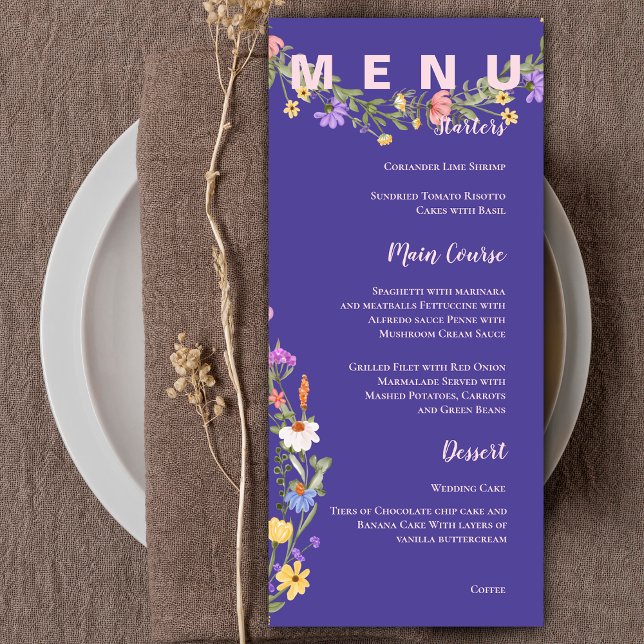 Gult Lila Söt Wildblommor Bröllopsfest Meny (Yellow Purple Pretty Wildflowers Wedding Party Menu)