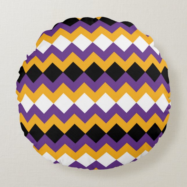 Gult, Lila, svart och vit Zigzag Chevron Rund Kudde (Framsidan)