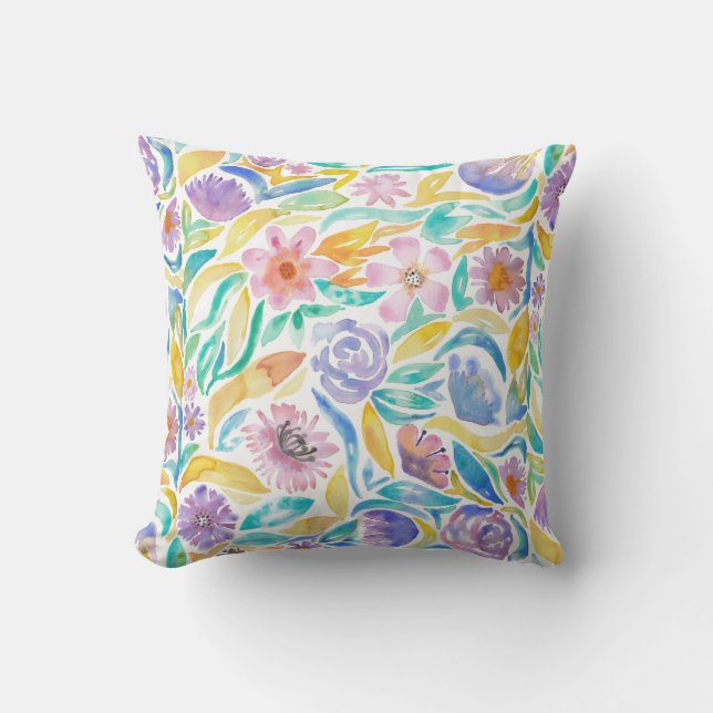 Gult Lila Vår Watercolor Flowers Löv Kudde (Framsida)