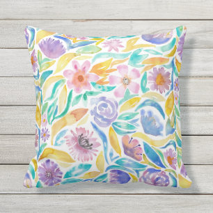 Gult Lila Vår Watercolor Flowers Löv Kudde