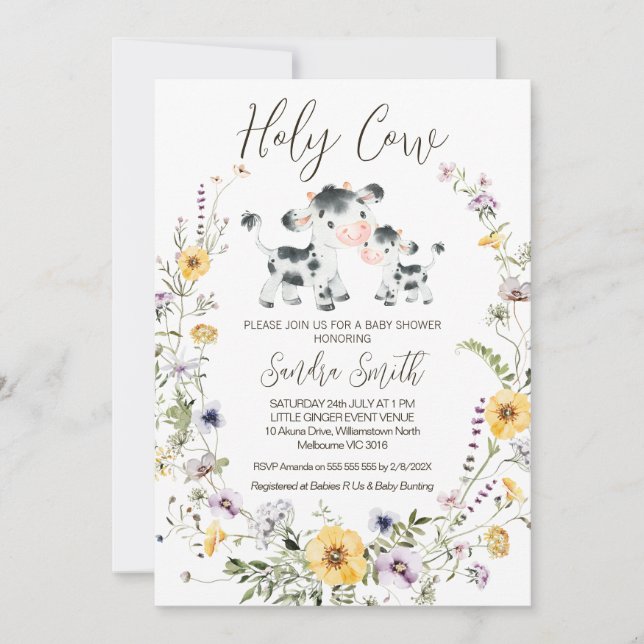 Gult Lila Wildblomma Heliga Kow Baby Shower Inbjudningar (Framsida)