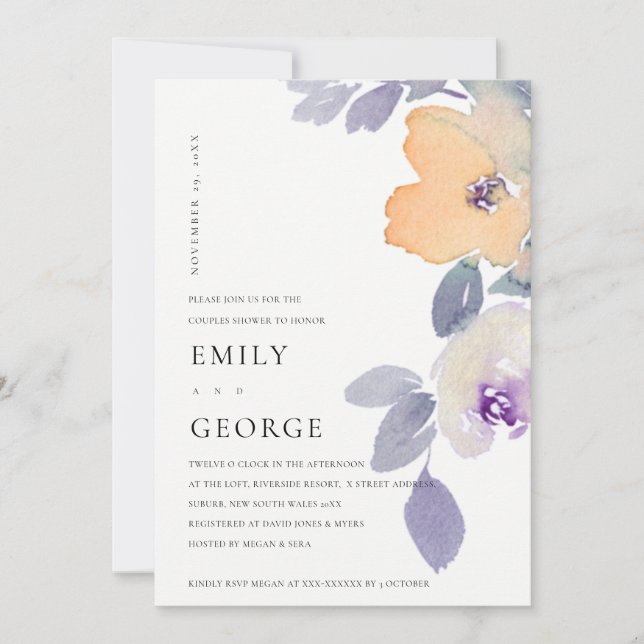 GULT LILAC LILA RO BLOMMIGT COUPLE SHOWER-KORT TACK KORT (Framsida)