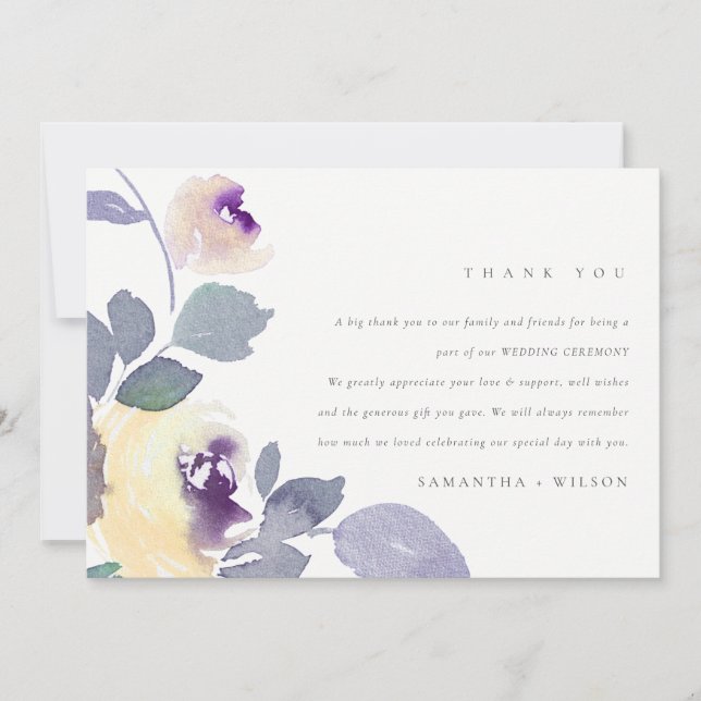 GULT LILIC LILA RO VATTENFÄRG BLOMMIGT BRÖLLOP TACK KORT (Framsida)