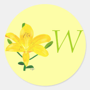 Gult Lily Monogram Bröllop Sälar Runt Klistermärke