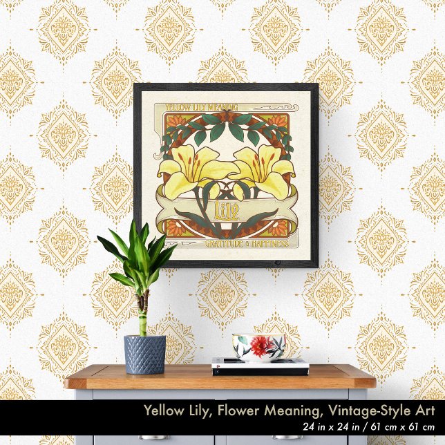 Gult Lily Victorian Flower Gratitude Happity Poster (Yellow Lily, Vintage-Style Wall Art. Choose the size that's right for your space. Seen here 24"x24".)