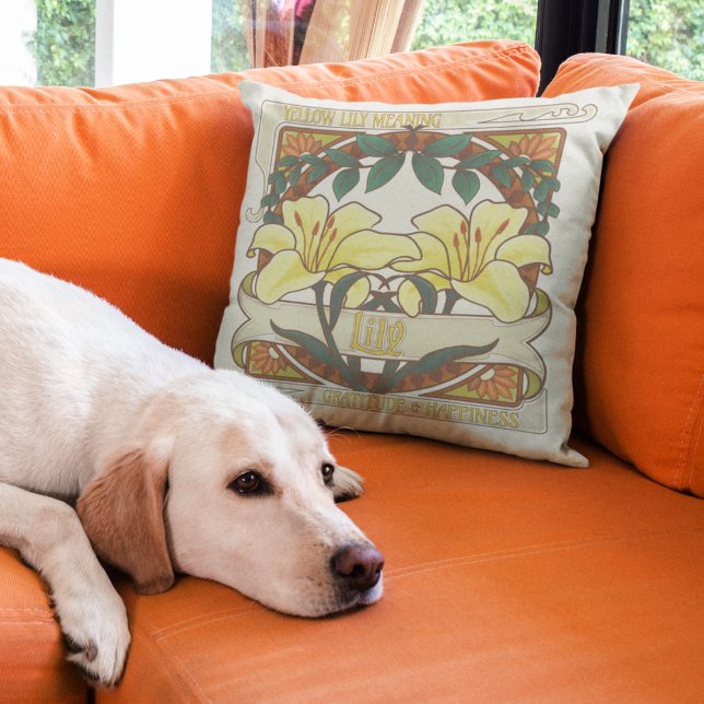 Gult Lily Vintage Flowers Gratitude Happity Kudde (Yellow Lilies Vintage Floral Throw Pillow: Victorian Flower Meaning Gratitude and Happiness )