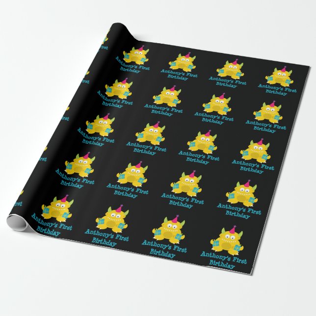 Gult Little Monster Birthday Gift Wrap Presentpapper (Utrullad)