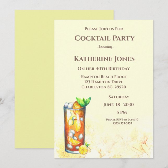 Gult Long Island Tea Birthday Cocktail Party Inbjudningar (Fram/baksida)
