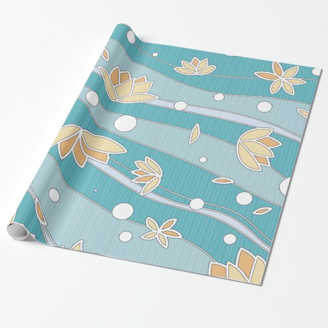 Gult Lotus Flowers på Cyan Rand Presentpapper (Utrullad)
