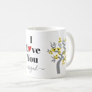 Gult Love birds, grått körsbär träd med blommar Kaffemugg