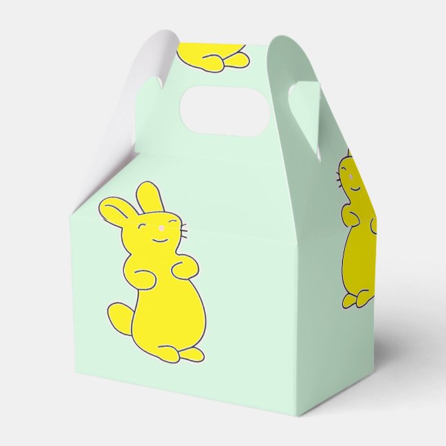 Gult lycklig bunnier på teal presentaskar (Framsidan Sidan)