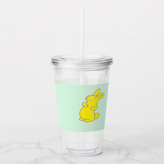 Gult lycklig bunnier på teal take away mugg (Framsida)