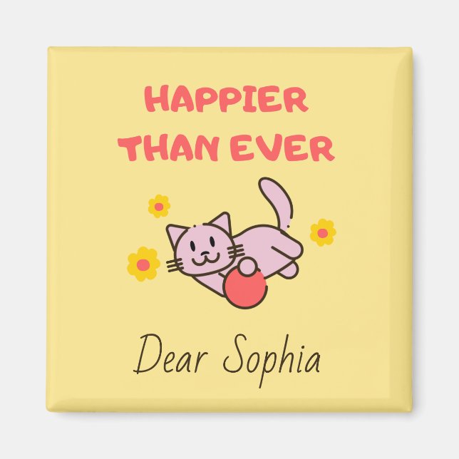 Gult Lycklig Cat with Flowers Magnet (Framsidan)