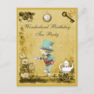 Gult Mad Hatter Wonderland Birthday Tea Party Inbjudningar
