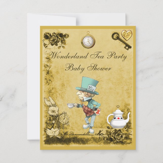 Gult Mad Hatter Wonderland Tea Party Baby Shower Inbjudningar (Framsida)