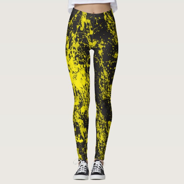Gult målar borstar Splatterdamasker Leggings (Framsida)