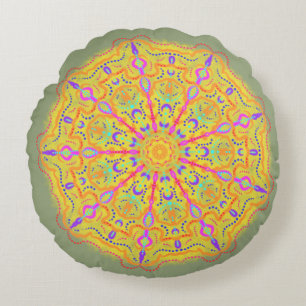 Gult Mandala med rosa Geometry Rund Kudde